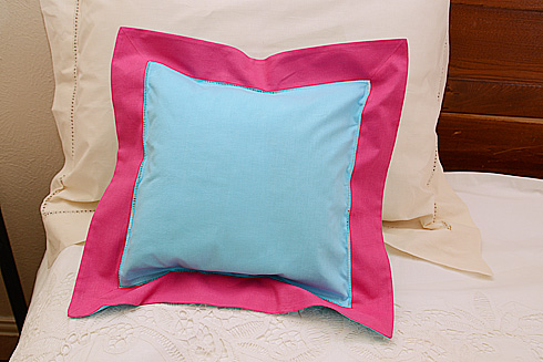 Pillow Sham. AQUA BLUE with RASPBERRY SORBET 12"SQ.